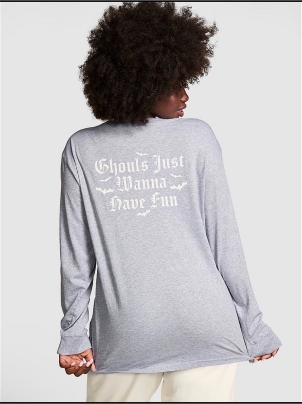 VS PINK Long Sleeve Campus Tee Shirt Gray Halloween Glow in the Dark Ghouls